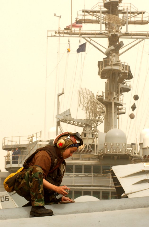 US Navy 030327-N-1810F-011 Airman Rossana Ojeda from Colorado Springs, Colo., assigned to the Gauntlets of Electronic Attack Squadron One Three Six (VAQ-136)