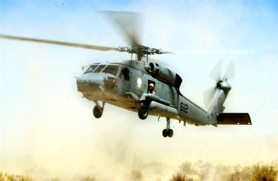 US Navy 030811-F-5435R-017 A HH-60 Seahawk helicopter takes off during a search and rescue exercise as part of Desert Rescue XI