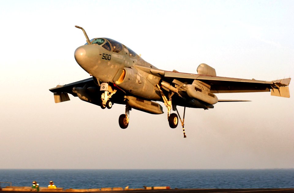 US Navy 030328-N-1810F-017 An EA-6B Prowler assigned to the Gaunlets of Electronic Attack Squadron One Three Six (VAQ-136) prepares to land on the flight deck aboard the aircraft carrier USS Kitty Hawk (CV 63)