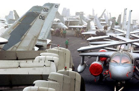 US Navy 030326-N-1810F-015 Visibility on the flight deck aboard the aircraft carrier USS Kitty Hawk (CV 63) is greatly reduced as it passes through a strong sandstorm in the Arabian Gulf