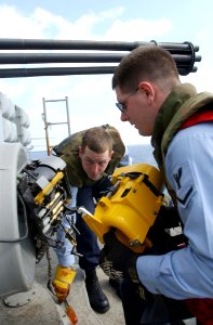 US Navy 030307-N-6141B-002 Fire Controlman 3rd Class Steven Goad from Virginia Beach, Va., (right) and Fire Controlman 3rd Class Joshua from Saugerties, N.Y., load a Phalanx Mk-15 Close In Weapons System (CIWS) aboard USS Theo