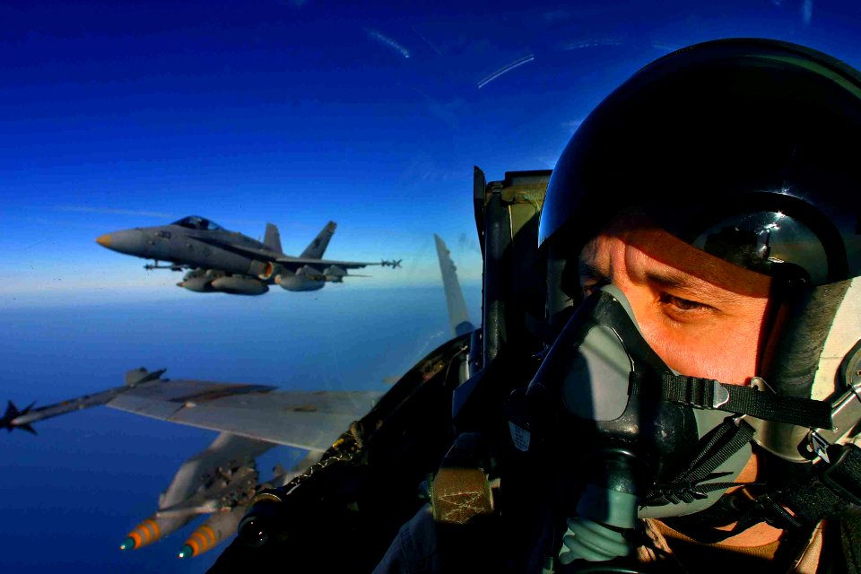 US Navy 030328-N-4513D-001 A pilot enters Iraqi airspace in an F-A-18 Hornet