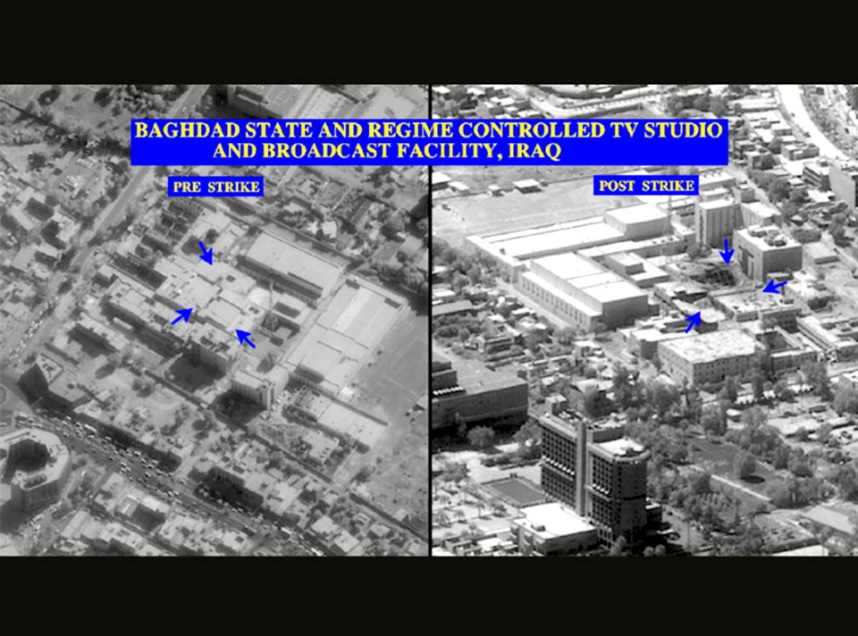 US Navy 030329-D-0000X-003 A pre-strike and post-strike photograph of Baghdad state and regime-controlled TV Studio and broadcasting facility
