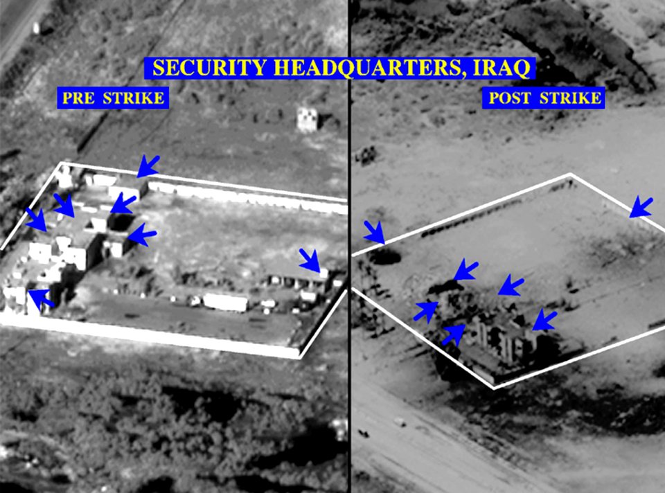 US Navy 030331-D-0000X-003 A pre-strike and post-strike photo of a security headquarters compound in Iraq