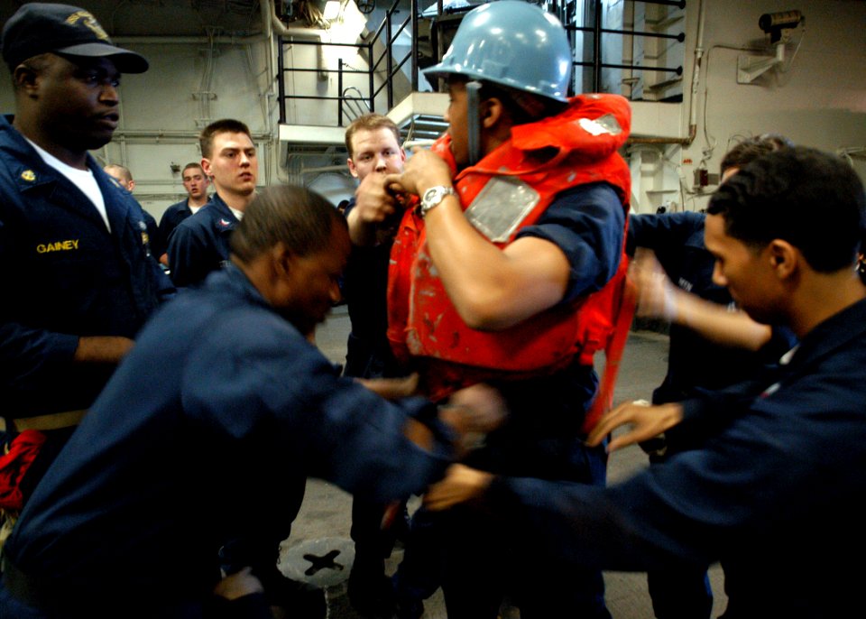 US Navy 030329-N-4048T-063 Sailors from Deck Department take part in a Deck Seamanship Olympics