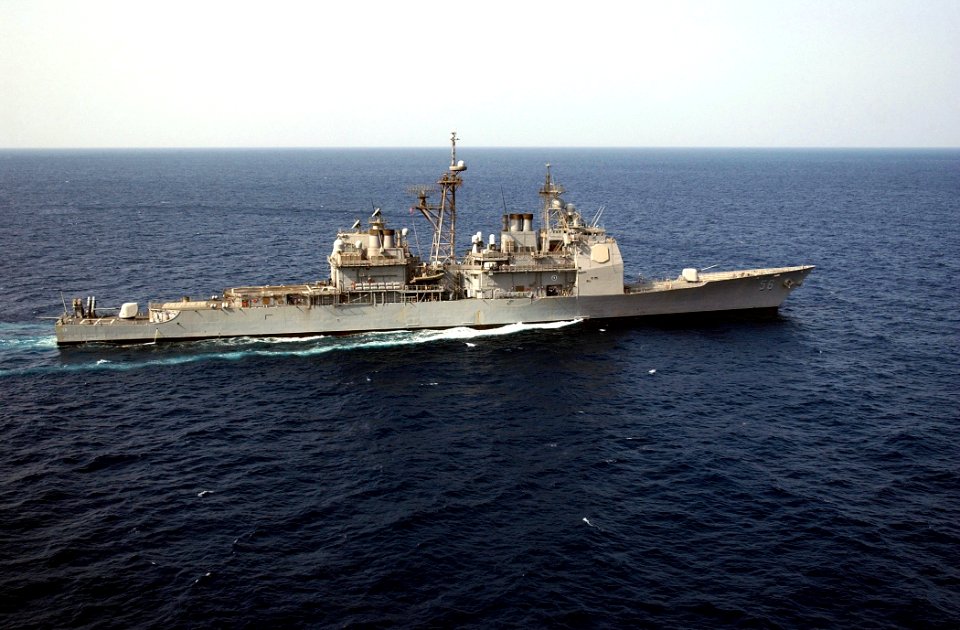 US Navy 030321-N-6141B-001 The guided missile cruiser USS San Jacinto (CG 56) underway conducting combat missions in support of Operation Iraqi Freedom