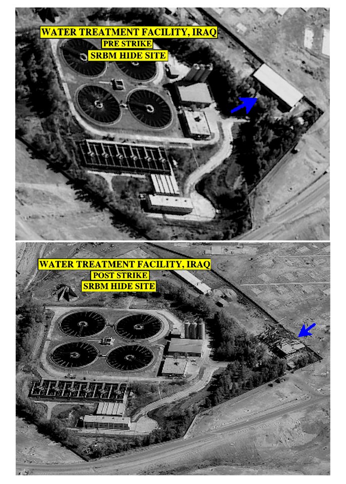US Navy 030325-D-0000X-001 A pre-strike and post-strike photo of a Water Treatment Facility in Iraq shown in a press conference with embedded media in the media center in Qatar