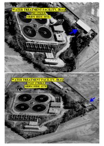 US Navy 030325-D-0000X-001 A pre-strike and post-strike photo of a Water Treatment Facility in Iraq shown in a press conference with embedded media in the media center in Qatar