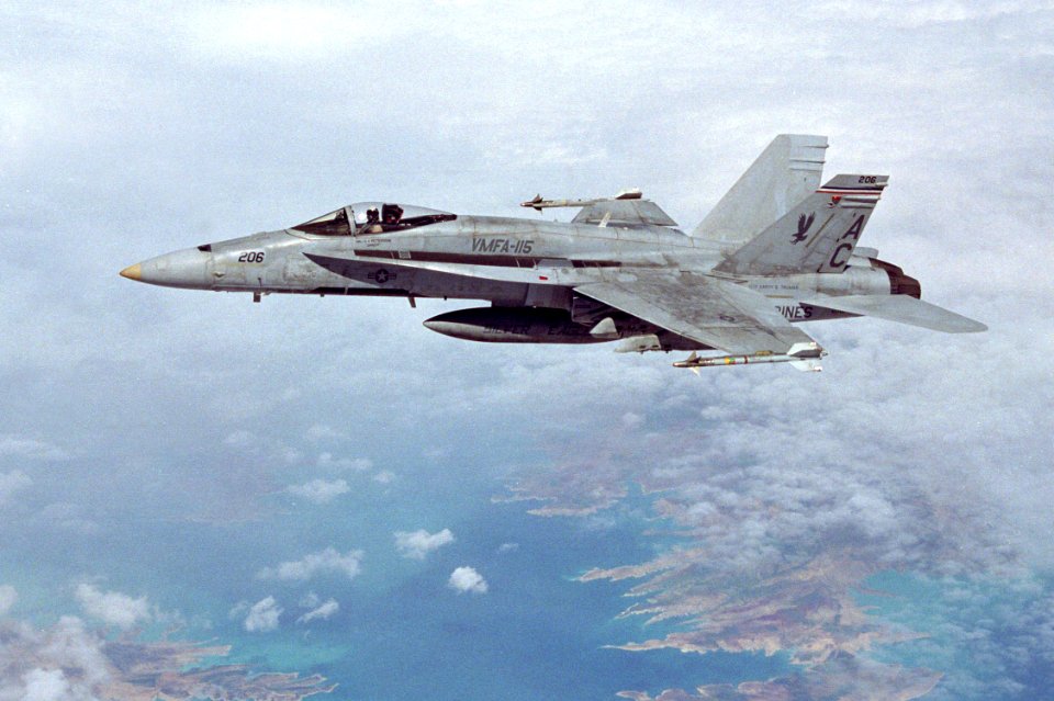 US Navy 030327-N-0000X-001 An F-A-18 Hornet assigned to the Silver Eagles of Marine Fighter Attack Squadron One One Five (VMFA-115)