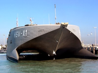 US Navy 030228-N-1050K-089 The Navy's Joint Venture (HSV-X1), a high-speed, sealift catamaran built and designed by Australian shipbuilders, sits pier-side