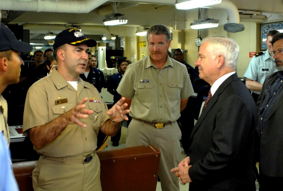 US Navy 071006-N-0194K-142 Secretary of Defense Robert M. Gates receives briefing aboard USNS Comfort
