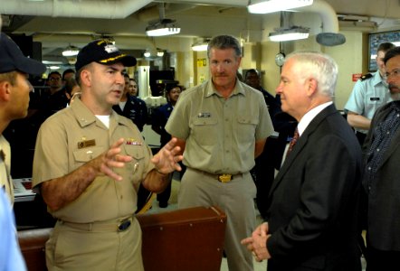 US Navy 071006-N-0194K-142 Secretary of Defense Robert M. Gates receives briefing aboard USNS Comfort