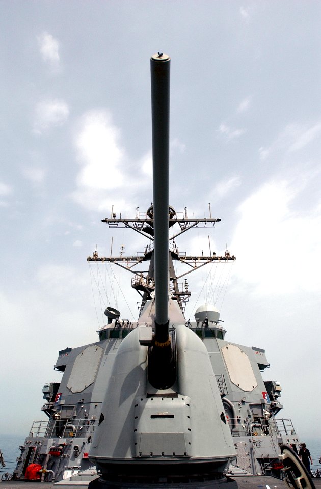 US Navy 030408-N-6141B-001 USS Donald Cook (DDG 75), a 54 caliber MK-45 five-inch lightweight gun provides surface combatants accurate naval gunfire against fast, highly maneuverable surface targets