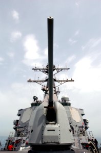 US Navy 030408-N-6141B-001 USS Donald Cook (DDG 75), a 54 caliber MK-45 five-inch lightweight gun provides surface combatants accurate naval gunfire against fast, highly maneuverable surface targets