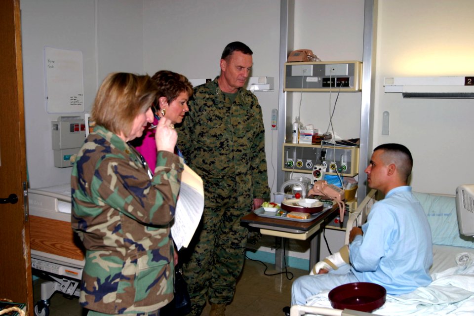 US Navy 030403-D-0000B-002 Commander, U.S. European Command, Gen. James L. Jones and his wife talk with Spc. Wilford Bolduc