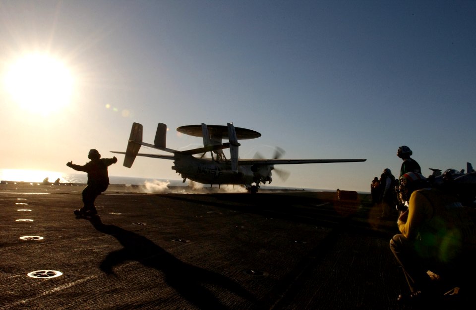 US Navy 030402-N-1810F-008 An E-2C Hawkeye launches from the bow of USS Kitty Hawk (CV 63)