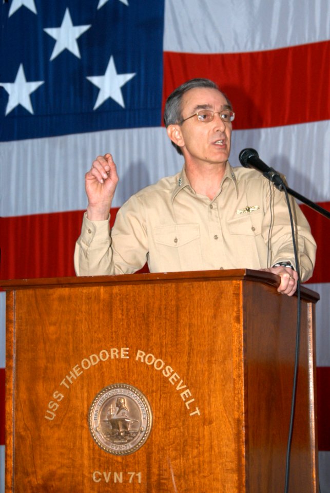 US Navy 030407-N-5786V-502 Vice Adm. Scott A. Frye, Commander Sixth Fleet, addresses the crew of USS Theodore Roosevelt (CVN 71) in the ship's hangar bay