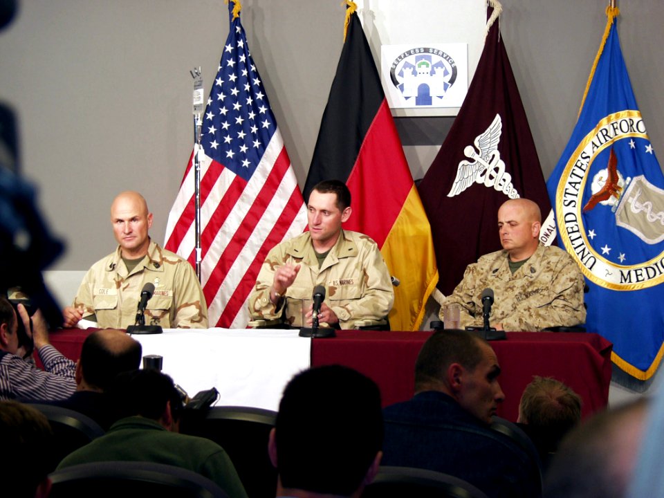 US Navy 030402-D-0000B-001 U.S. Marines 1st Sgt. Bruce Cole, 1st Lt. James Uwins and Gunnery Sgt. Bill Hale