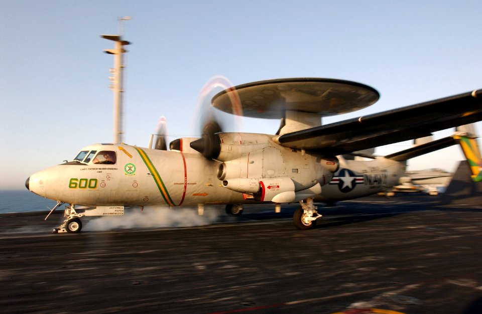 US Navy 030403-N-1810F-005 An E-2C Hawkeye launches from the flight deck aboard USS Kitty Hawk (CV 63)