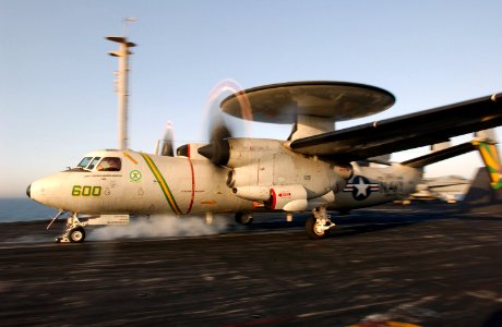 US Navy 030403-N-1810F-005 An E-2C Hawkeye launches from the flight deck aboard USS Kitty Hawk (CV 63)