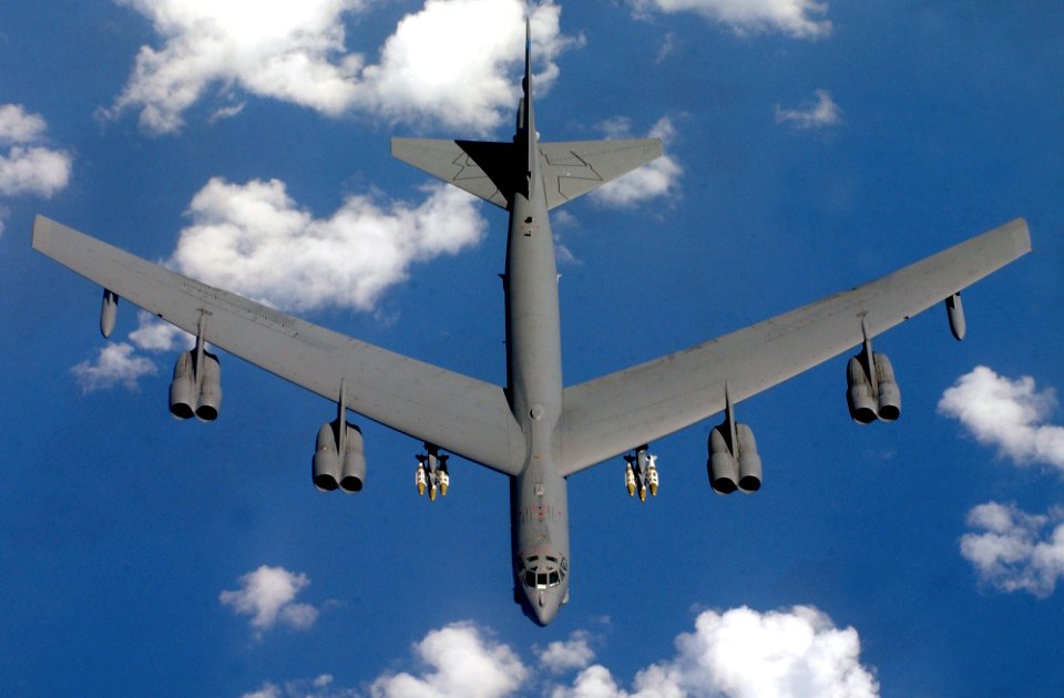 US Navy 030415-F-7194F-015 A B-52 Stratofortress assigned to the 40th Expeditionary Bomb Squadron, loaded with 12 Joint Direct Attack Munitions (JDAM) heads toward Iraq with it's new mission directive