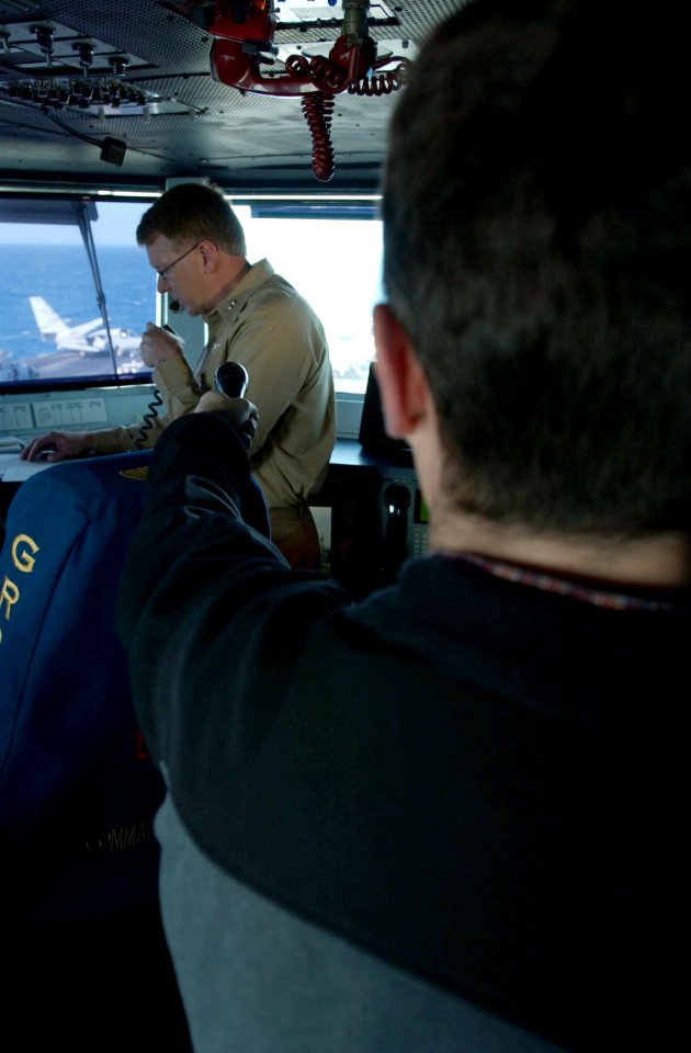 US Navy 030320-N-7781D-016 Rear Adm. John D. Stufflebeem, Commander Task Force Six Zero, addresses the crew on the bridge aboard the aircraft carrier USS Harry S. Truman (CVN 75)