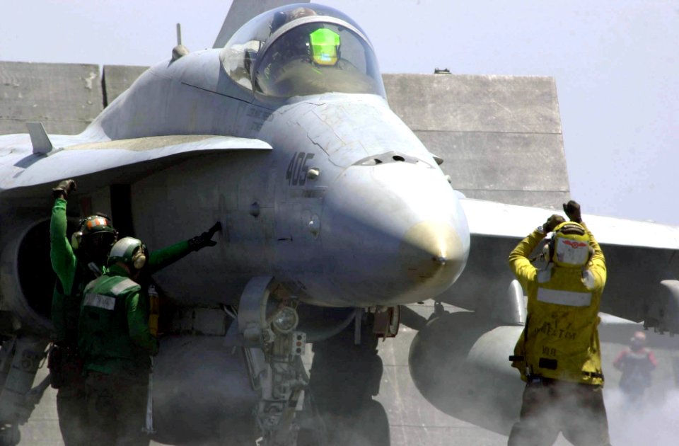 US Navy 030429-N-9319H-005 A flight deck handler guides an F-A-18 Hornet from the Mighty Shrikes of Strike Fighter Squadron Nine Four (VFA-94)
