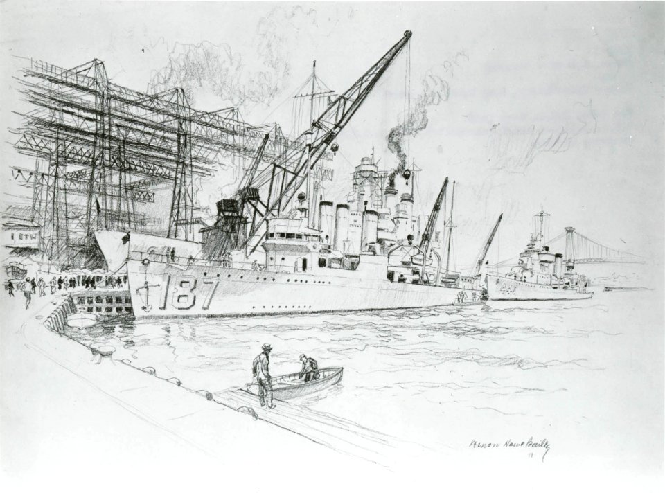 US Navy 030408-N-0000B-001 This original 1941 artwork by Navy artist Vernon Howe Bailey is titled USS Dahlgren Ericsson at Pier and is set at the former New York Navy Yard
