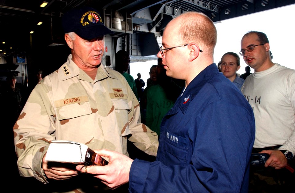 US Navy 030415-N-1810F-005 Vice Adm. Timothy J. Keating, Commander Fifth Fleet, speaks with sailors during a visit to USS Kitty Hawk (CV 63)