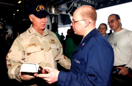 US Navy 030415-N-1810F-005 Vice Adm. Timothy J. Keating, Commander Fifth Fleet, speaks with sailors during a visit to USS Kitty Hawk (CV 63)