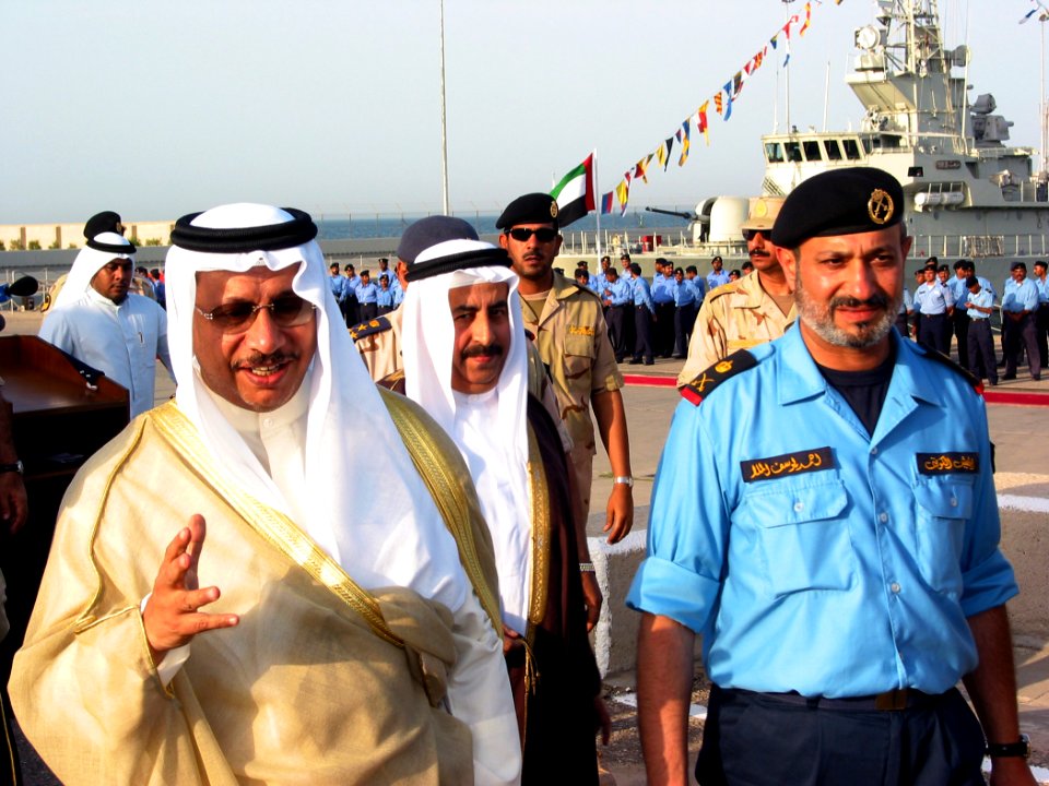 US Navy 030507-N-1050K-031 From left, Kuwait's Defense Minister Sheikh Jaber al-Mubarak al-Sabah completes a troop review and inspection with Commander, Kuwait Naval Forces, Maj. Gen. Ahmed Y. al-Mulla during the Sheikh's visit