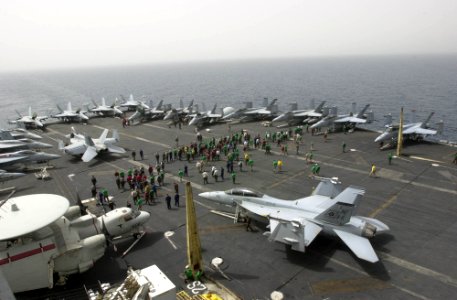US Navy 030417-N-0413R-009 Sailors participate in the daily Foreign Object Damage (FOD) Walk-down on the flight deck aboard USS Nimitz (CVN 68)