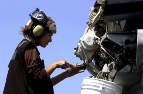 US Navy 030414-N-2385R-001 Airman Ana Enamorado from Miami, Fla., cleans the wing of an S-3B Viking