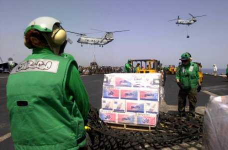US Navy 030415-N-8273J-002 Crewmembers aboard USS Nimitz (CVN 68) unload nearly 300 pallets of supplies on the flight deck during a Vertical Replenishment (VERTREP) with the fast combat support ship USS Bridge (AOE 10)