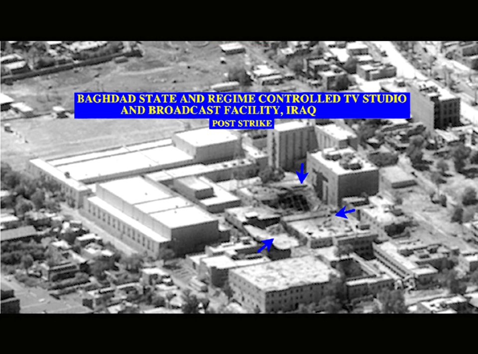 US Navy 030329-D-0000X-002 A post-strike photograph of Baghdad state and regime-controlled TV Studio and broadcasting facility