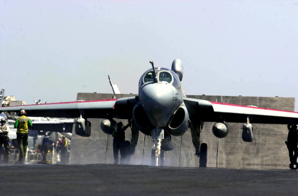 US Navy 030418-N-2385R-009 An EA-6B Prowler assigned to the Black Ravens of Electronic Attack Squadron One Three Five (VAQ-135) is checked and prepared for launch