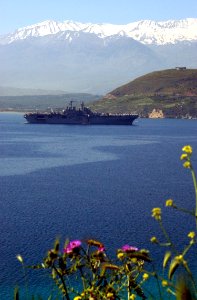 US Navy 030430-N-0780F-001 USS Iwo Jima (LHD 7) arrives for a port visit at the port of Souda Bay
