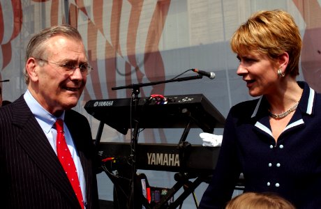 US Navy 030416-F-6340W-312 Secretary of Defense, Donald Rumsfeld and Secretary of Defense for Public Affairs, Ms. Torie Clarke discuss the concert at the Pentagon given by country singer Darryl Worley, for the troops