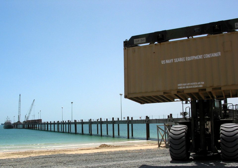 US Navy 030501-N-1050K-001 The recently completed 1,400-ft. Navy Elevated Causeway System-Modular (ELCAS-M), Camp Patriot, Kuwait