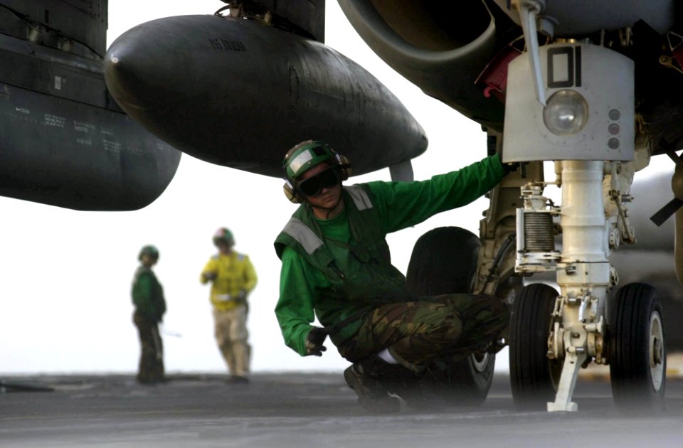 US Navy 030418-N-9319H-003 Airman John Rogers from Chicago, Ill., prepares to launch an S-3B Viking assigned to the Dragonfires of Sea Control Squadron Two Nine (VS-29)