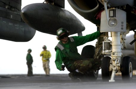 US Navy 030418-N-9319H-003 Airman John Rogers from Chicago, Ill., prepares to launch an S-3B Viking assigned to the Dragonfires of Sea Control Squadron Two Nine (VS-29)