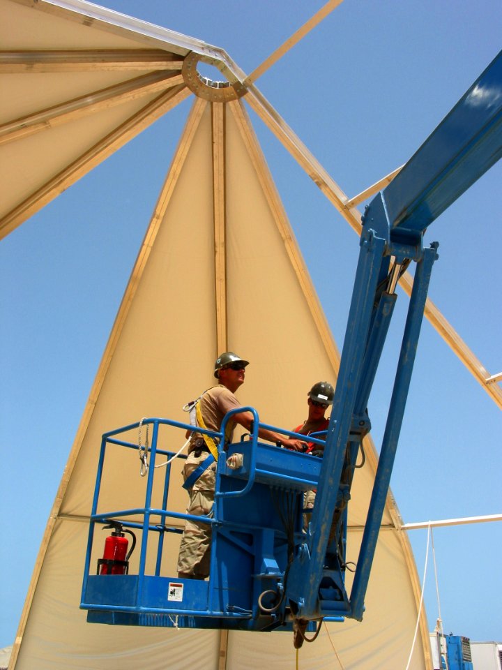 US Navy 030503-N-1050K-009 Seabees in Kuwait construct a new tension fabric tent