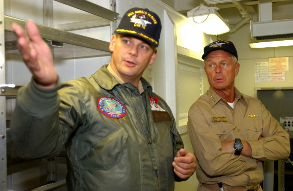 US Navy 030505-N-0696M-156 Adm. Frank Bowman (right) toured the Aircraft Intermediate Maintenance Department (AIMD) spaces aboard PCU Ronald Reagan