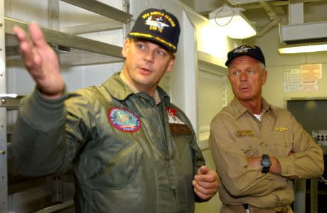 US Navy 030505-N-0696M-156 Adm. Frank Bowman (right) toured the Aircraft Intermediate Maintenance Department (AIMD) spaces aboard PCU Ronald Reagan