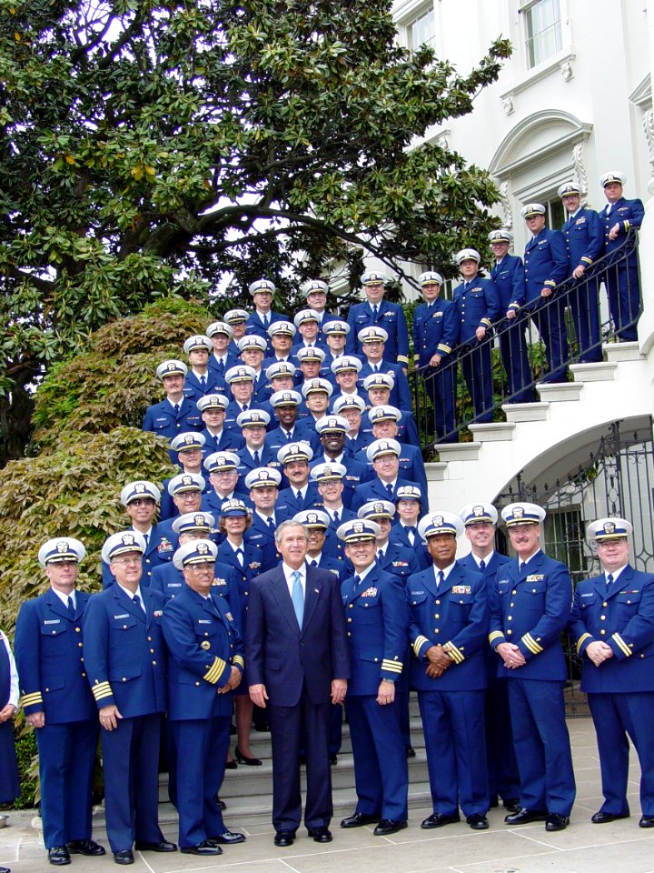 US Navy 030509-N-0921B-001 Fifty-two Navy Chaplains serving in the U.S. Coast Guard lifted the spirit of President George W. Bush during their historic visit with the Commander-In-Chief on the White House South Lawn
