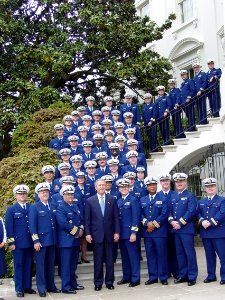 US Navy 030509-N-0921B-001 Fifty-two Navy Chaplains serving in the U.S. Coast Guard lifted the spirit of President George W. Bush during their historic visit with the Commander-In-Chief on the White House South Lawn