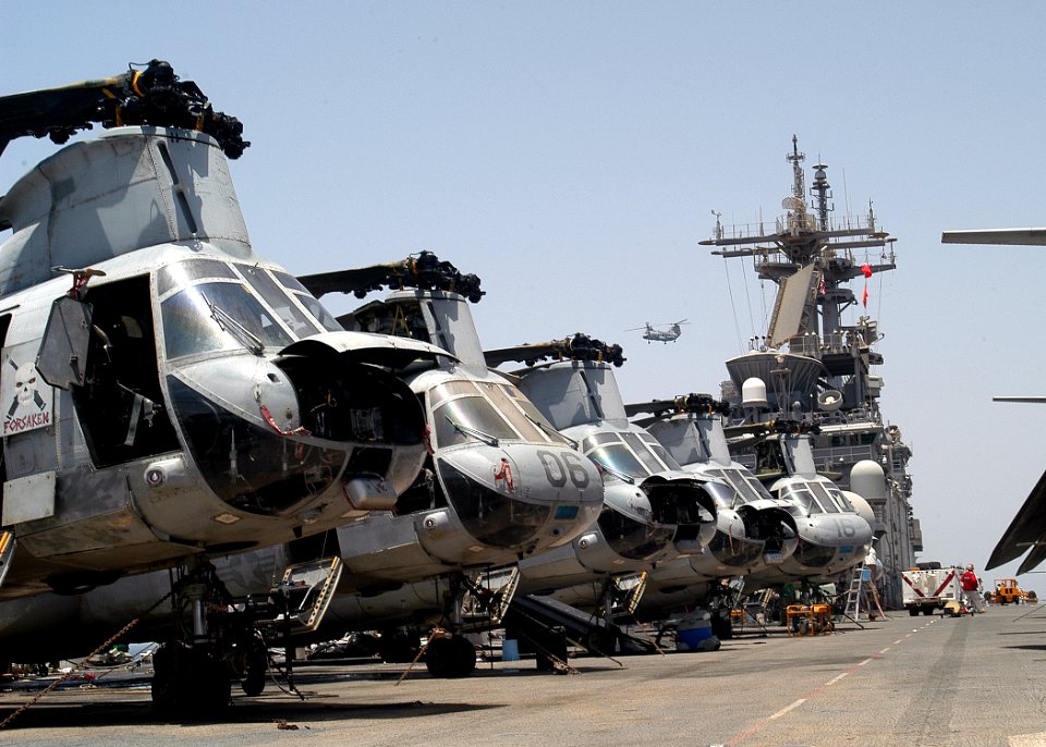US Navy 030521-N-2819P-026 CH-46 Sea Knight helicopters assigned to the Blue Knights of Marine Medium Squadron Three Sixty Five stand in line