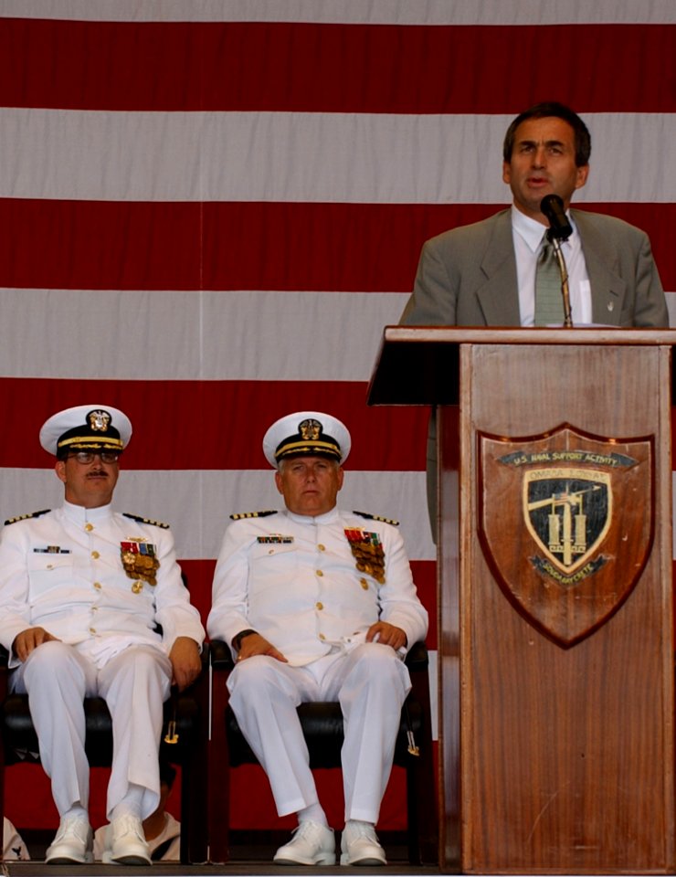 US Navy 030515-N-0780F-099 U.S. Ambassador to Greece, The Honorable Thomas J. Miller, speaks at a change of command ceremony where Capt. Stephen B. Sale relieved Capt. J. Stephen Hoefel as Commanding Officer, NSA Souda Bay