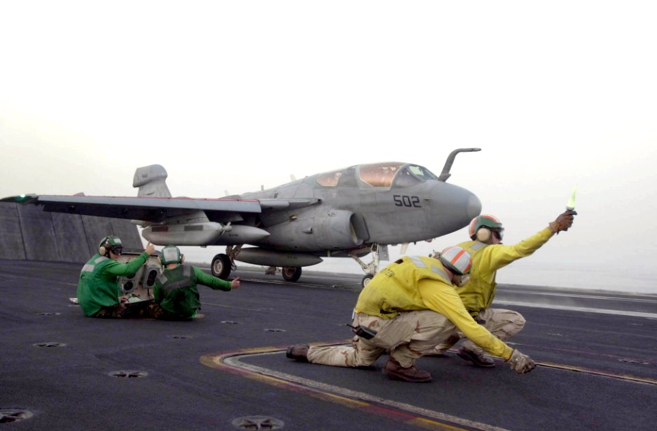 US Navy 030519-N-2385R-003 An EA-6B Prowler prepares to launch from one of four steam powered catapults during flight operations on the flight deck aboard USS Nimitz (CVN 68)