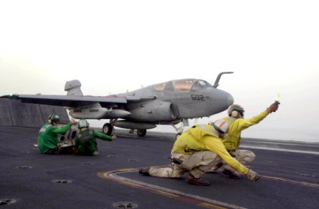 US Navy 030519-N-2385R-003 An EA-6B Prowler prepares to launch from one of four steam powered catapults during flight operations on the flight deck aboard USS Nimitz (CVN 68)